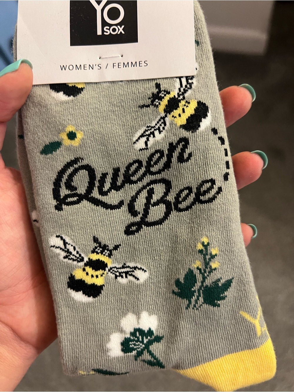 Queen Bee Women's Crew Socks - Sage with Yellow Accents